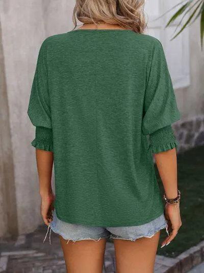 Smocked Half Sleeve Notched Neck Blouse