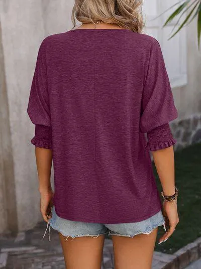 Smocked Half Sleeve Notched Neck Blouse