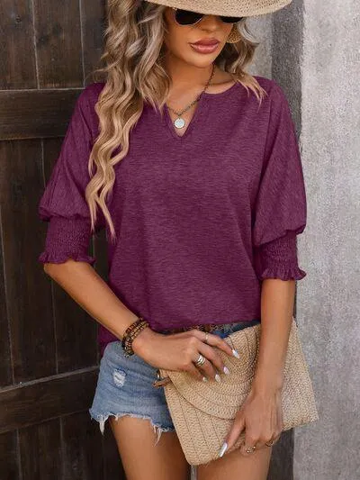 Smocked Half Sleeve Notched Neck Blouse