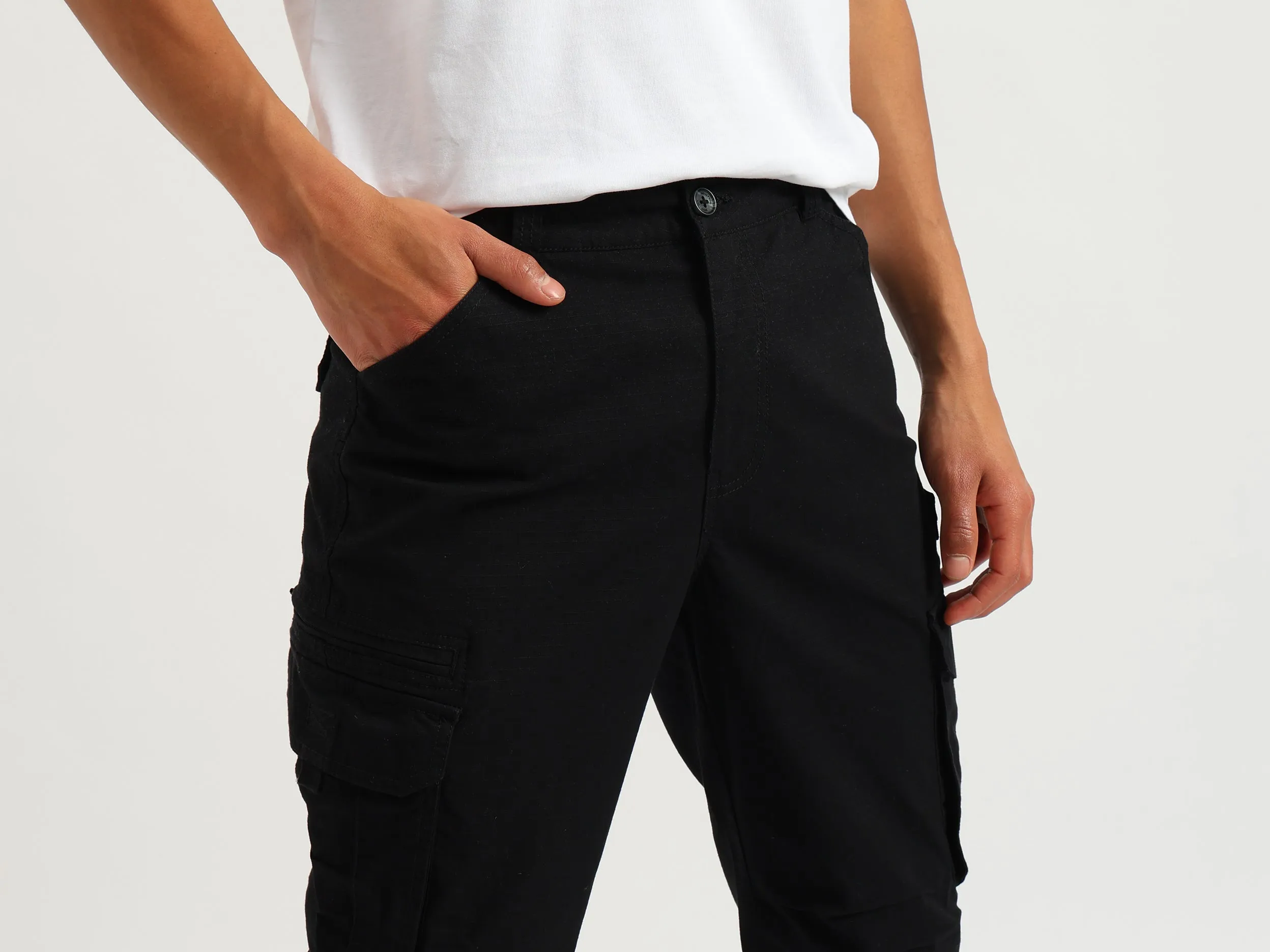 Solid Straight Fit Cargo Trousers