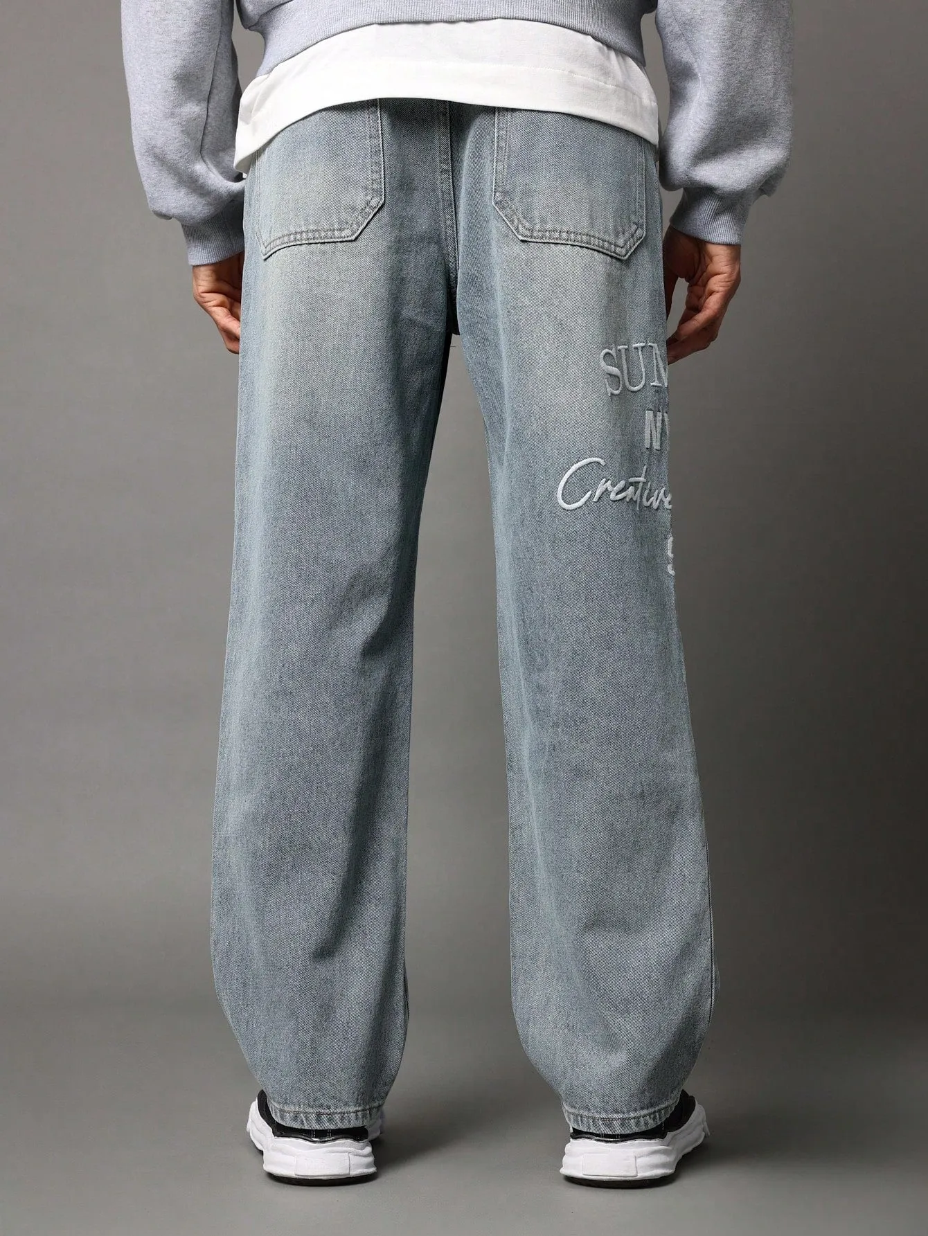 Straight Fit Washed Jean With Embroidery