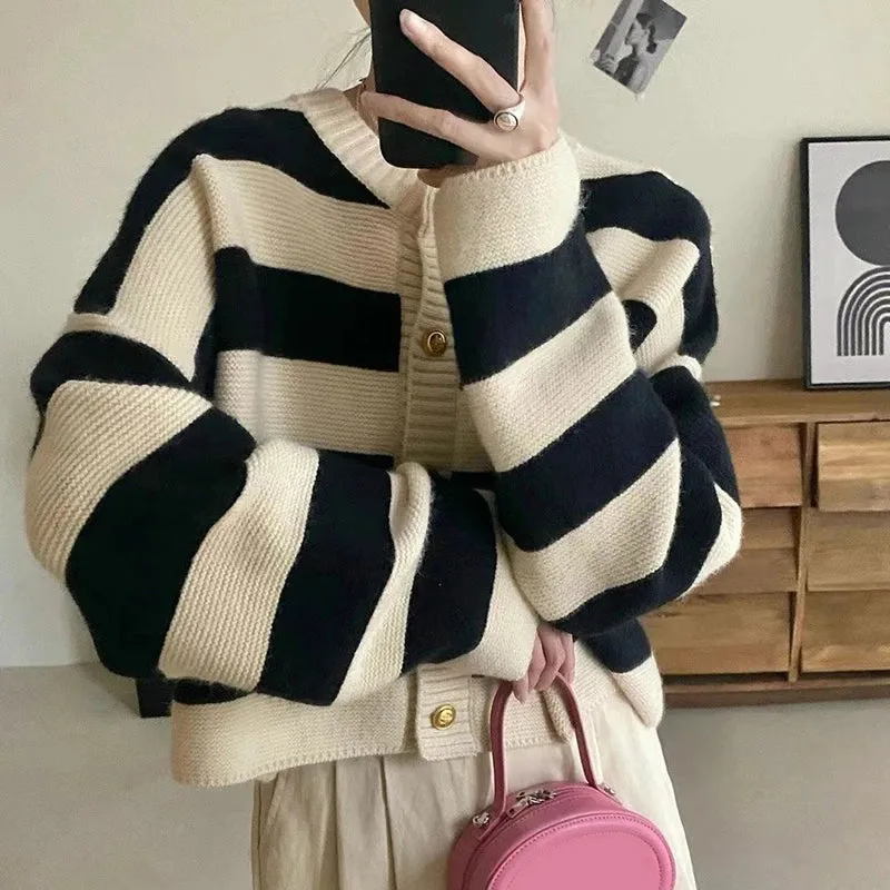 Striped Knitted Cardigans Button Up Loose Cardigan Sweaters