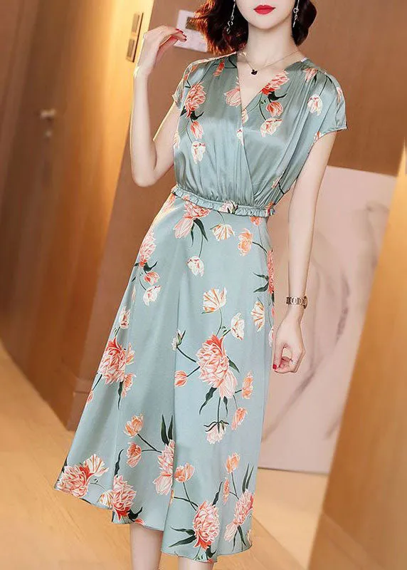 Style Light Green Cinched Print Silk Vacation Dresses Summer