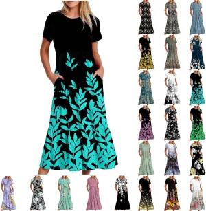 Summer Dresses Women 2024 Casual Short Sleeve Boho Flowy Sundress Crewneck Floral Tiered Maxi Dress with Pockets