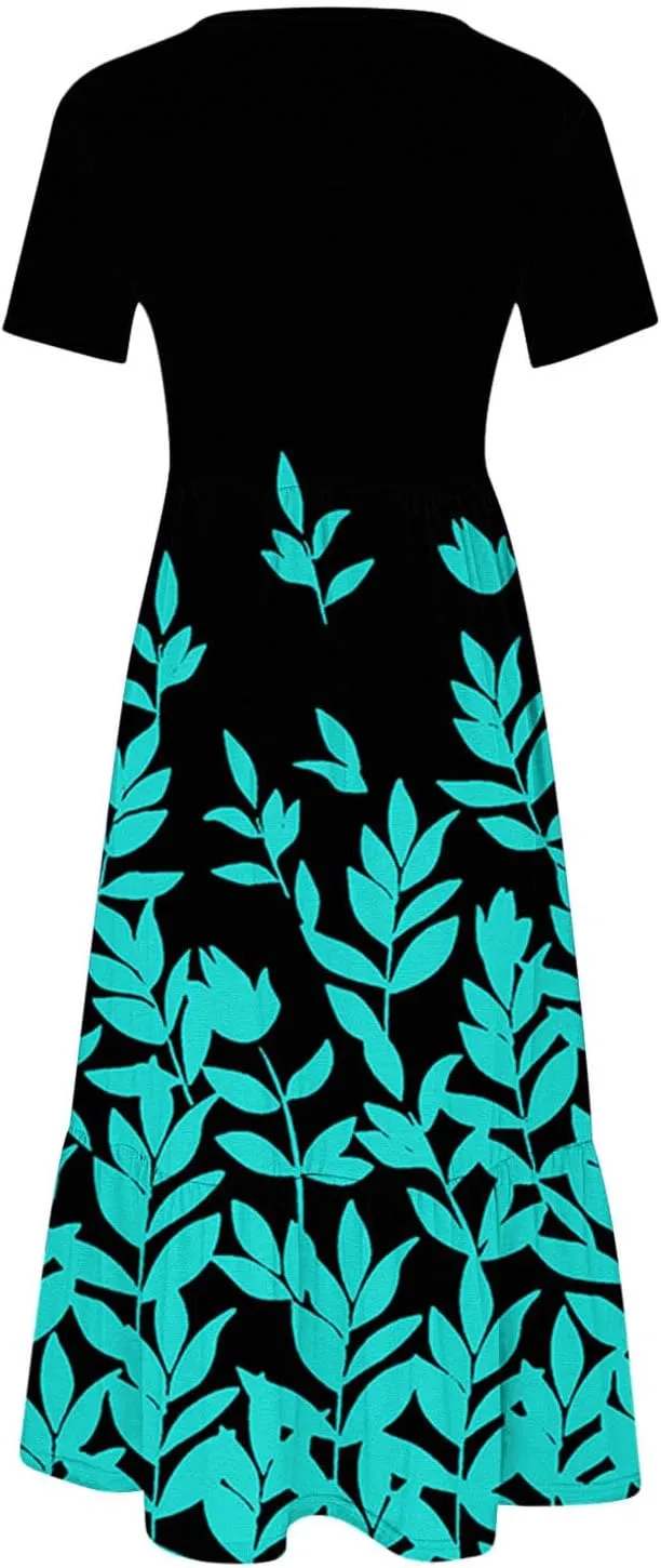 Summer Dresses Women 2024 Casual Short Sleeve Boho Flowy Sundress Crewneck Floral Tiered Maxi Dress with Pockets