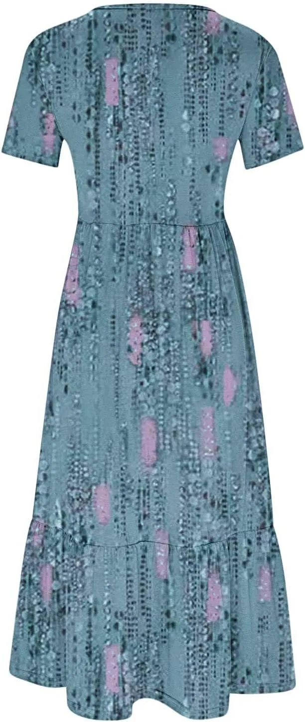 Summer Dresses Women 2024 Casual Short Sleeve Boho Flowy Sundress Crewneck Floral Tiered Maxi Dress with Pockets