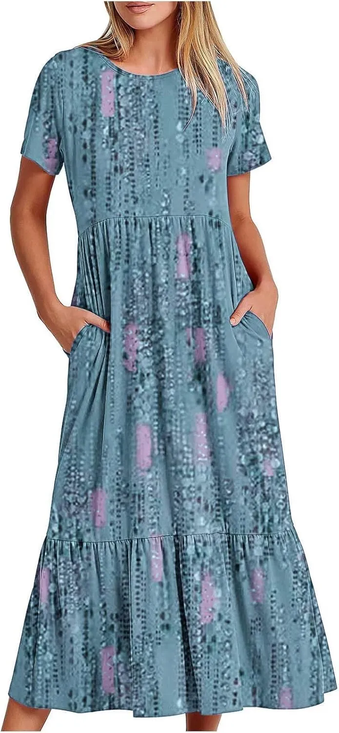 Summer Dresses Women 2024 Casual Short Sleeve Boho Flowy Sundress Crewneck Floral Tiered Maxi Dress with Pockets