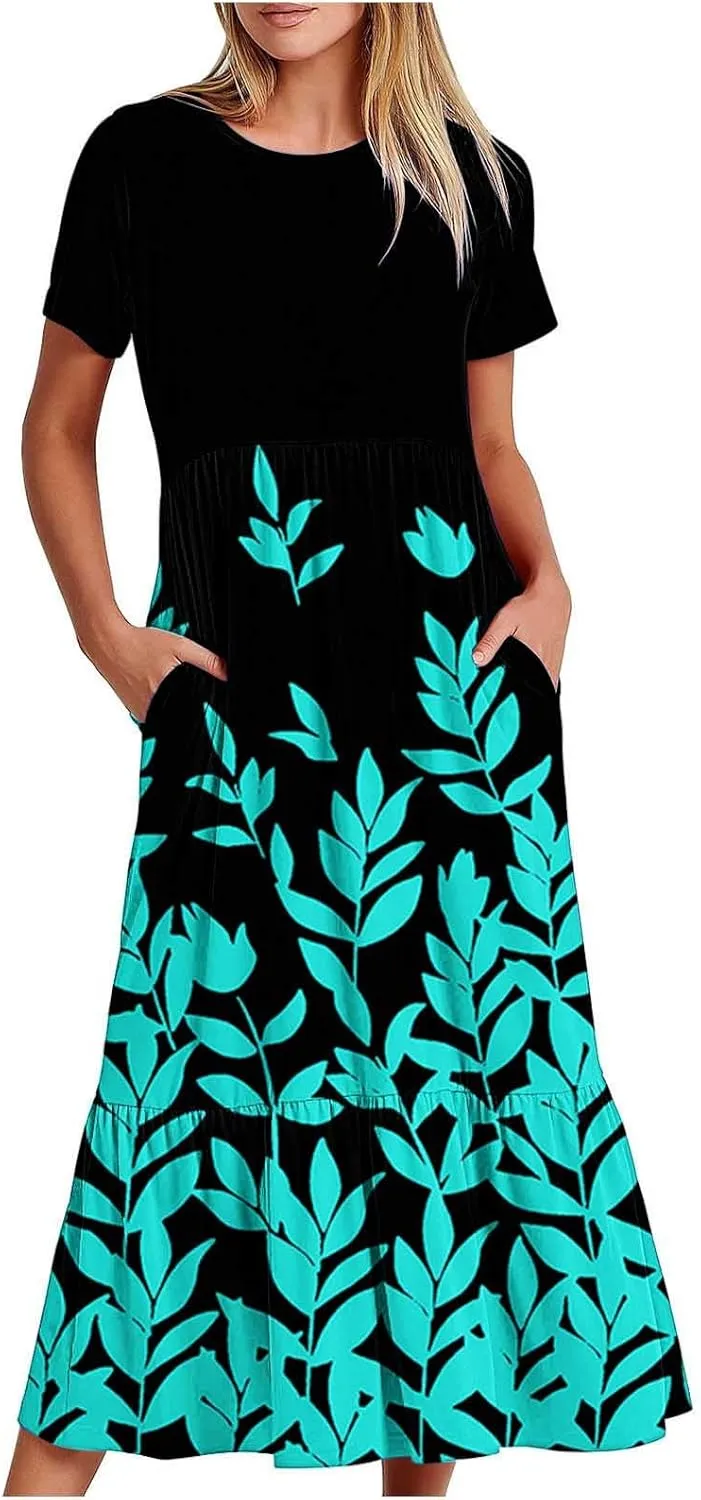 Summer Dresses Women 2024 Casual Short Sleeve Boho Flowy Sundress Crewneck Floral Tiered Maxi Dress with Pockets