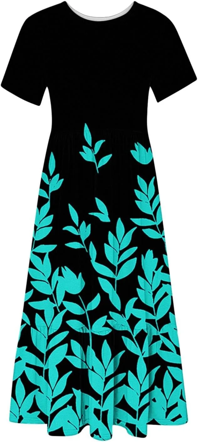 Summer Dresses Women 2024 Casual Short Sleeve Boho Flowy Sundress Crewneck Floral Tiered Maxi Dress with Pockets