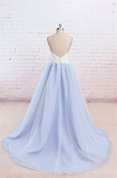 Sweetheart Neck Backless Blue and White Sweep Train Lace Prom Dress, Formal Dress