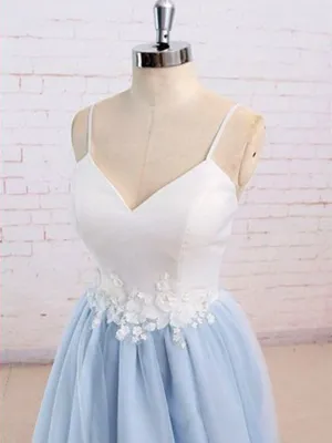 Sweetheart Neck Backless Blue and White Sweep Train Lace Prom Dress, Formal Dress