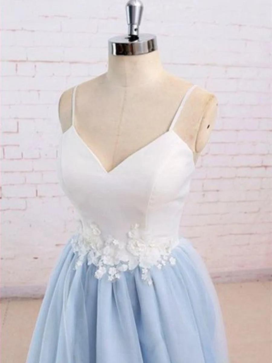 Sweetheart Neck Backless Blue and White Sweep Train Lace Prom Dress, Formal Dress