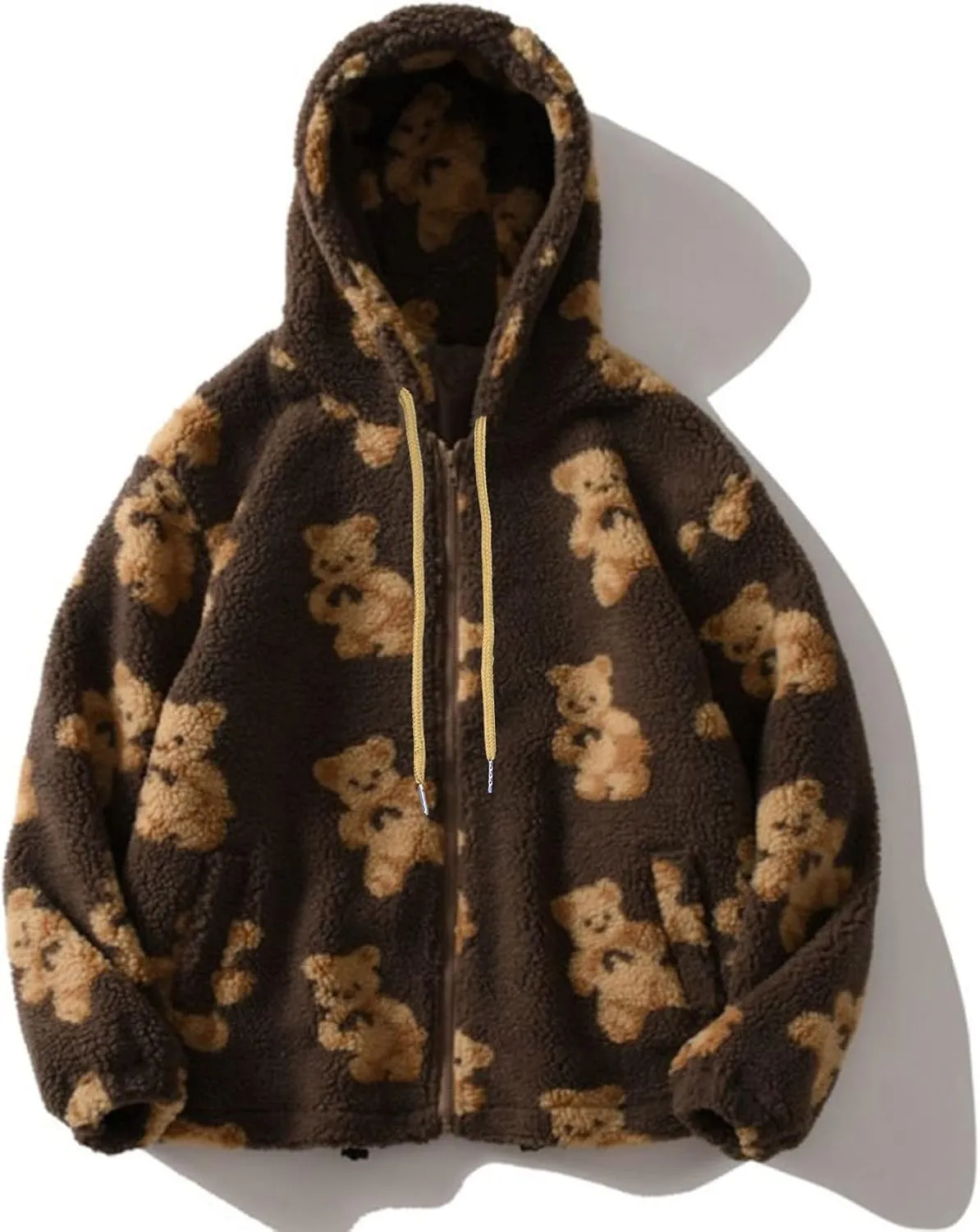 tuduoms Women's Sherpa Zip Up Hoodies Cute Bear Graphic Oversized Fleece Sweatshirts Warm Winter Trendy Jacket for Teen Girls