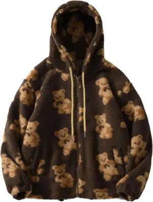 tuduoms Women's Sherpa Zip Up Hoodies Cute Bear Graphic Oversized Fleece Sweatshirts Warm Winter Trendy Jacket for Teen Girls