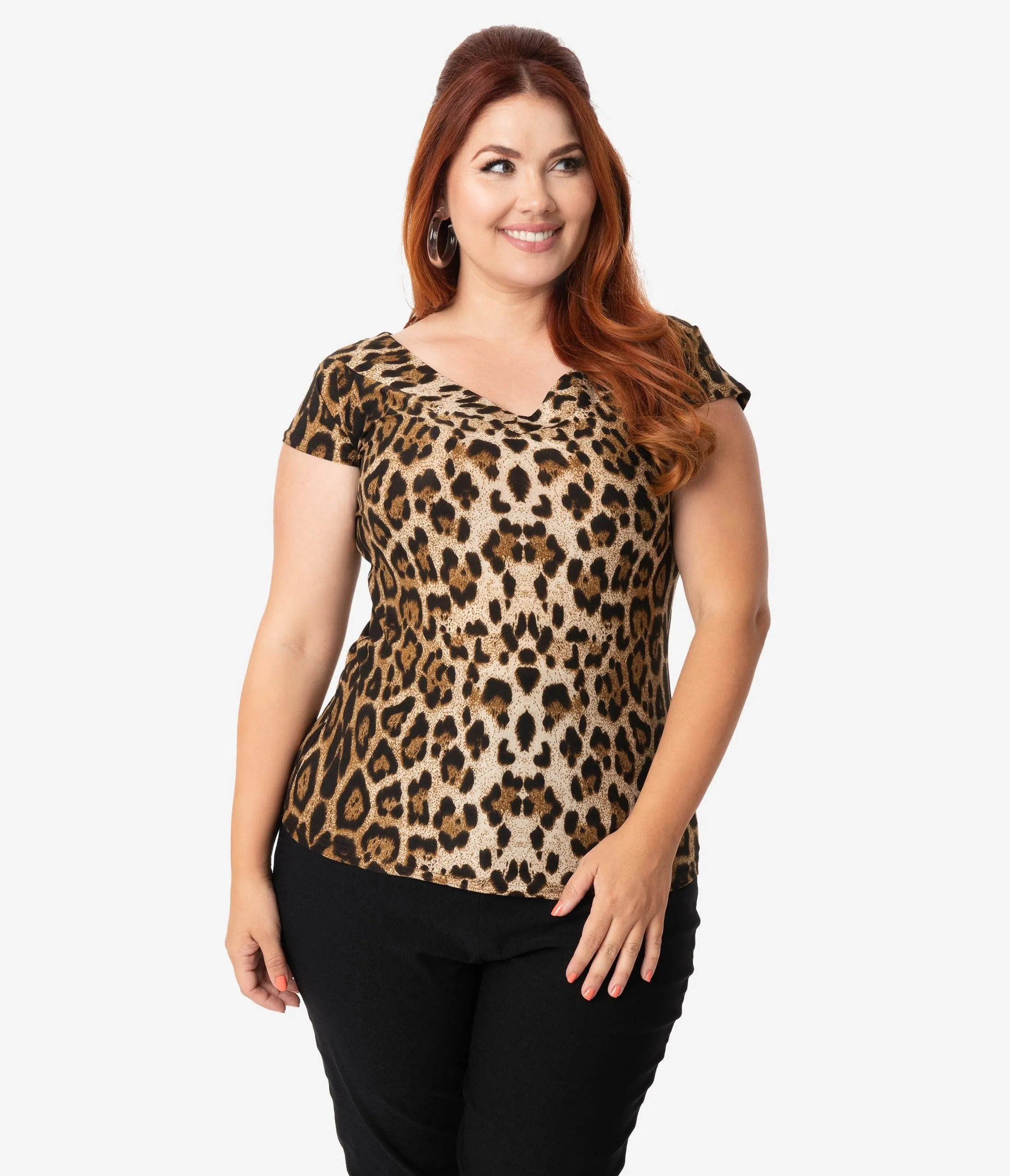 Unique Vintage Plus Size 1950s Style Leopard Print Stretch Knit Deena Top