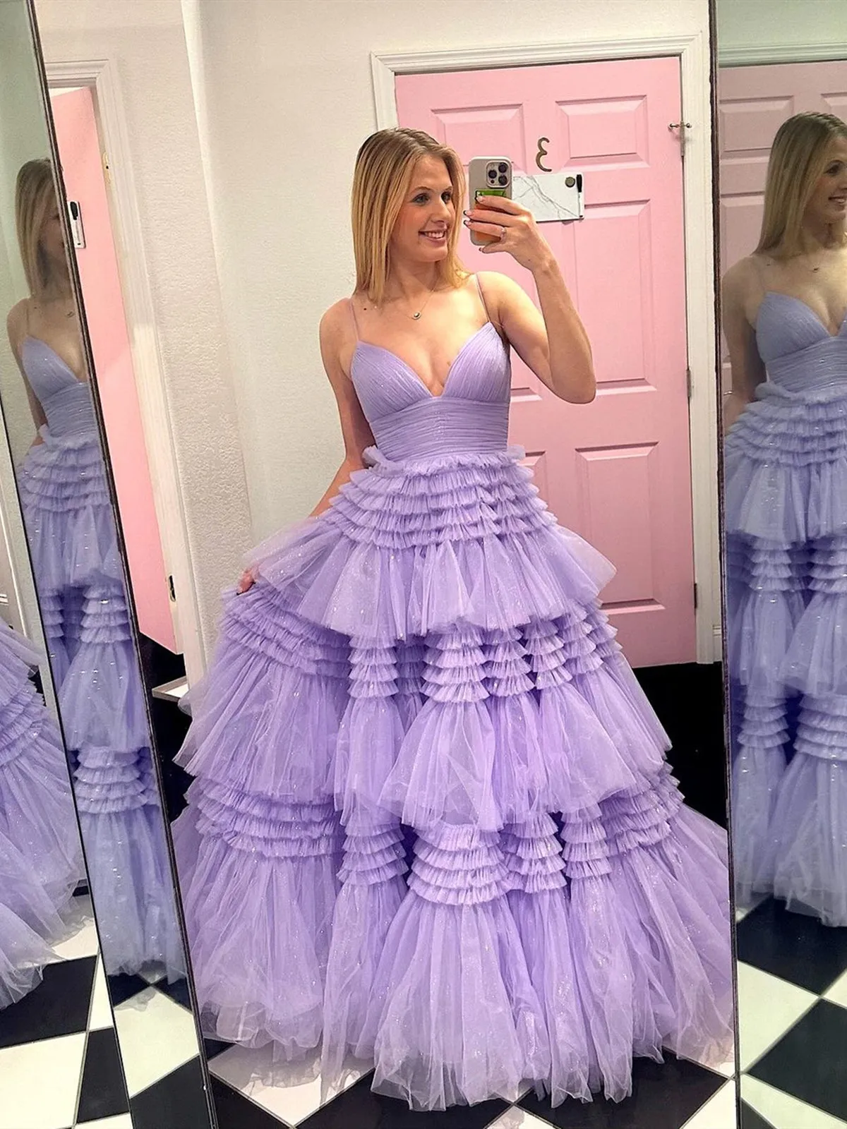 V Neck Purple Muti Layer Tulle Long Prom Dresses, Purple Layered Long Formal Evening Dresses