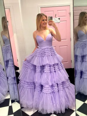V Neck Purple Muti Layer Tulle Long Prom Dresses, Purple Layered Long Formal Evening Dresses