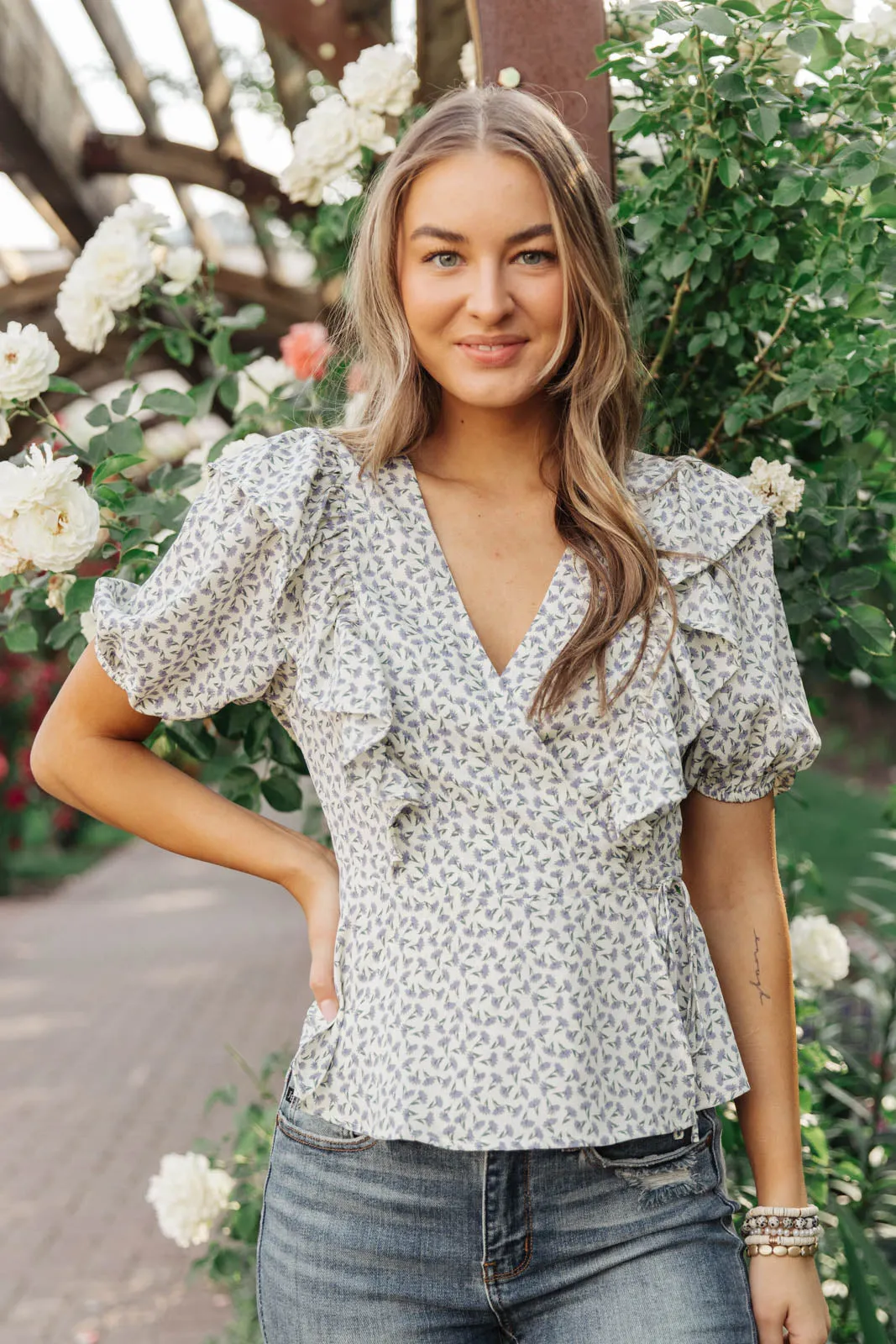 Verte Folksong Floral Top in Periwinkle