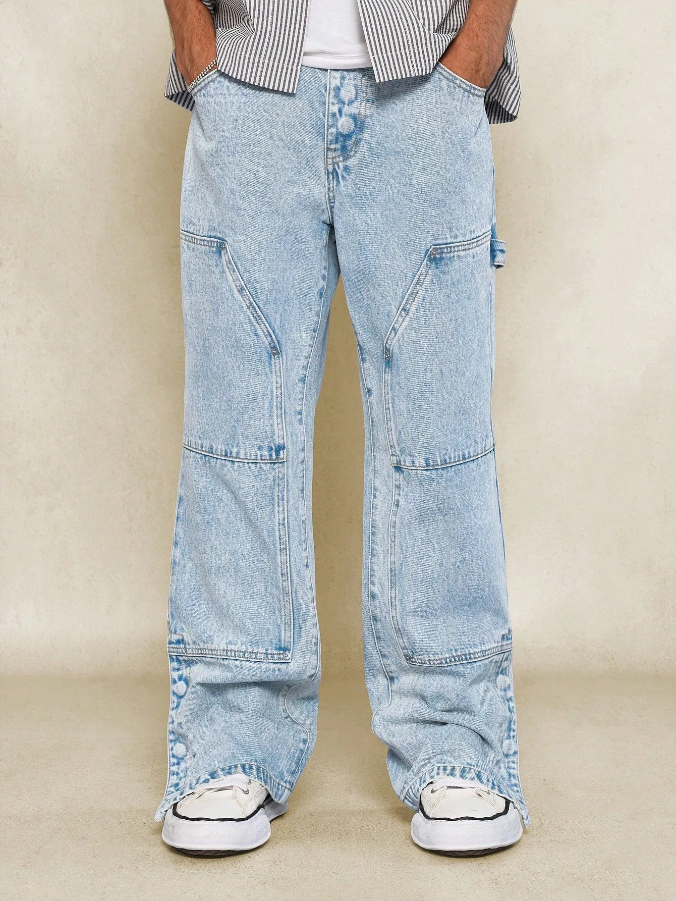 Washed Flare Fit Carpenter Denim Jean With Buttoned Side Split