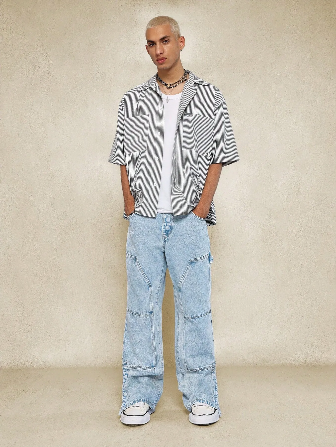 Washed Flare Fit Carpenter Denim Jean With Buttoned Side Split