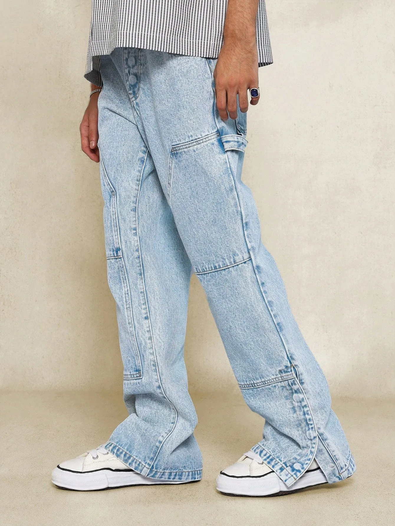 Washed Flare Fit Carpenter Denim Jean With Buttoned Side Split
