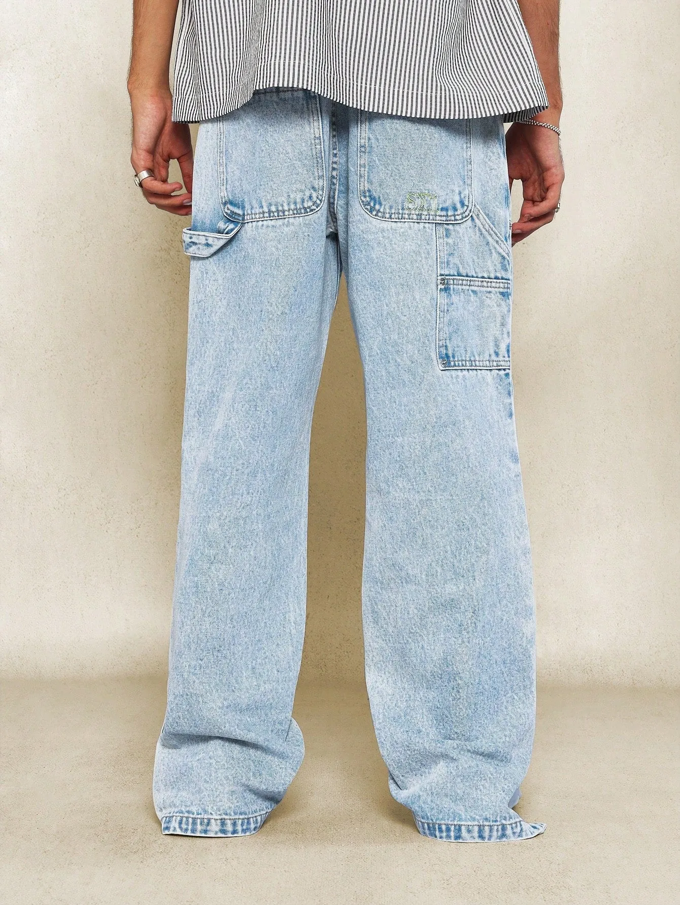 Washed Flare Fit Carpenter Denim Jean With Buttoned Side Split