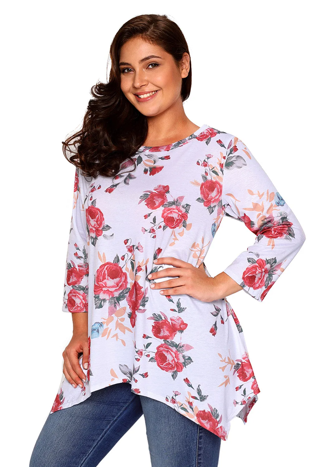 White Asymmetric Cut Floral Plus Size Top