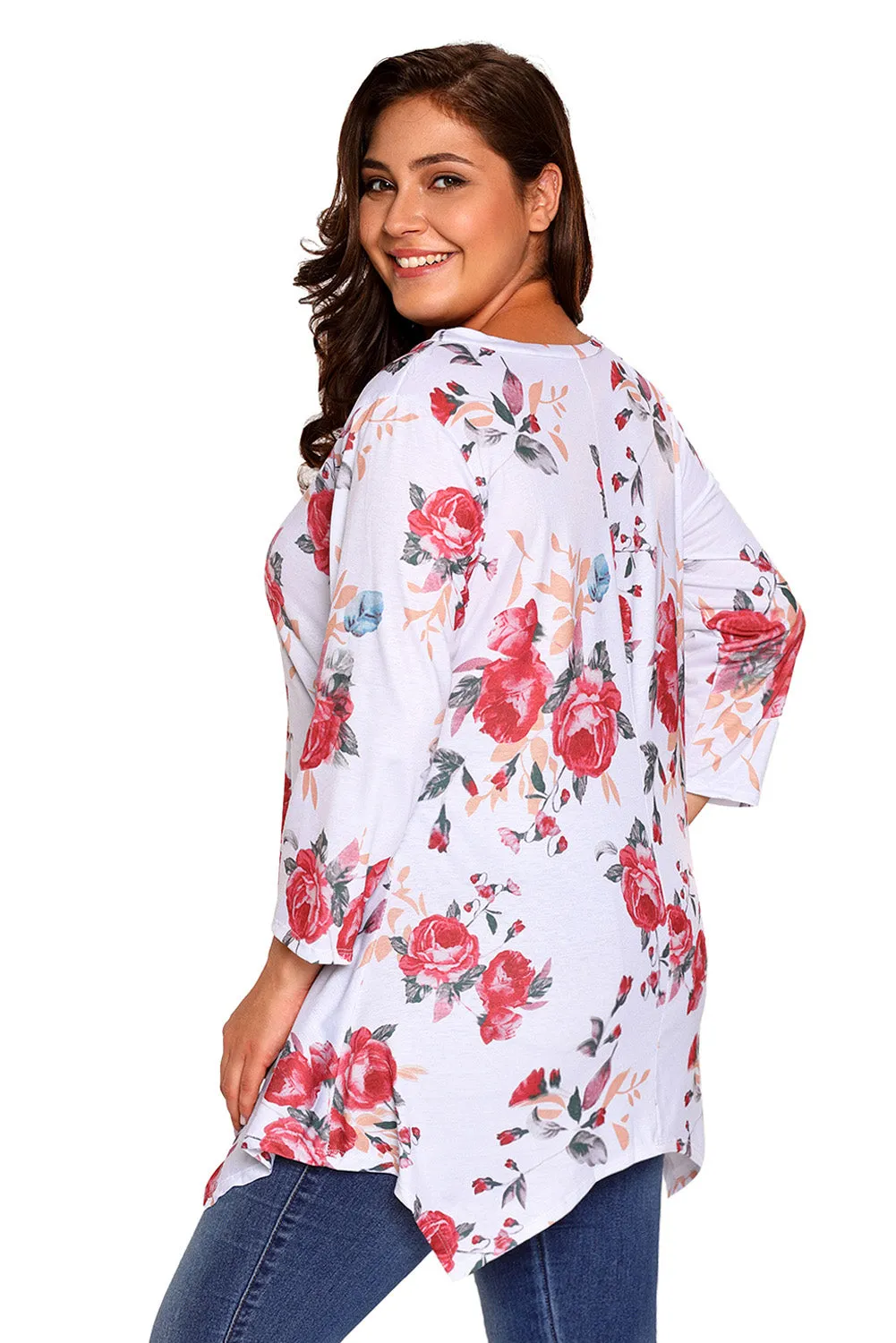 White Asymmetric Cut Floral Plus Size Top