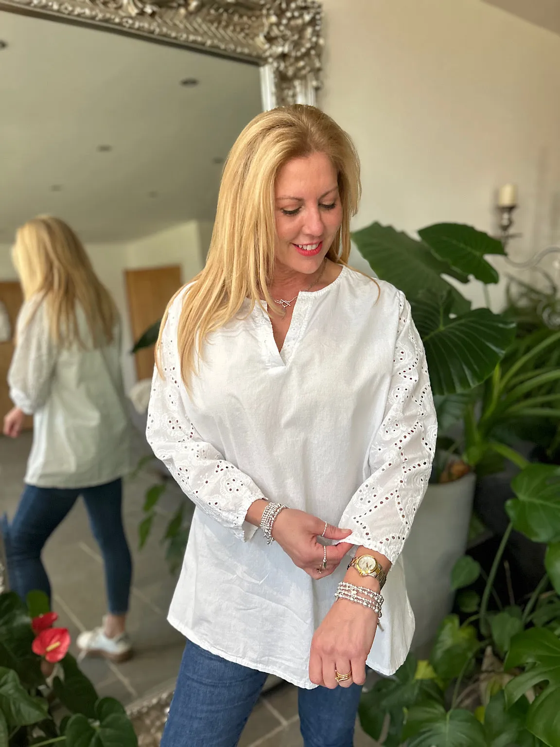 White Broderie Sleeve Detail Blouse Freida