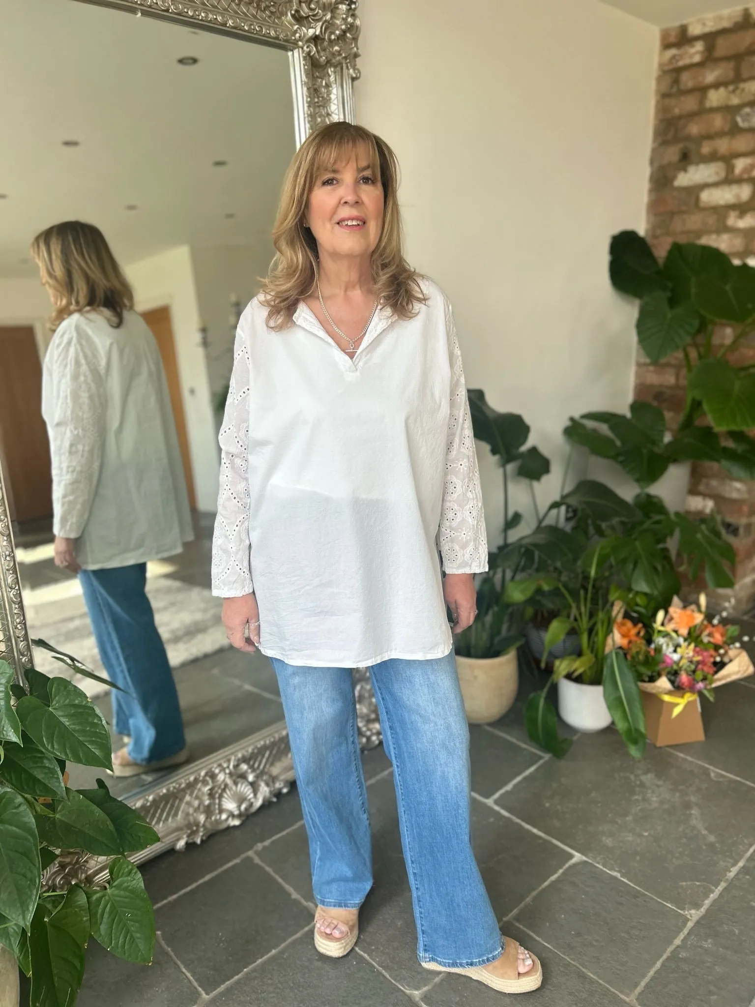 White Broderie Sleeve Detail Blouse Freida