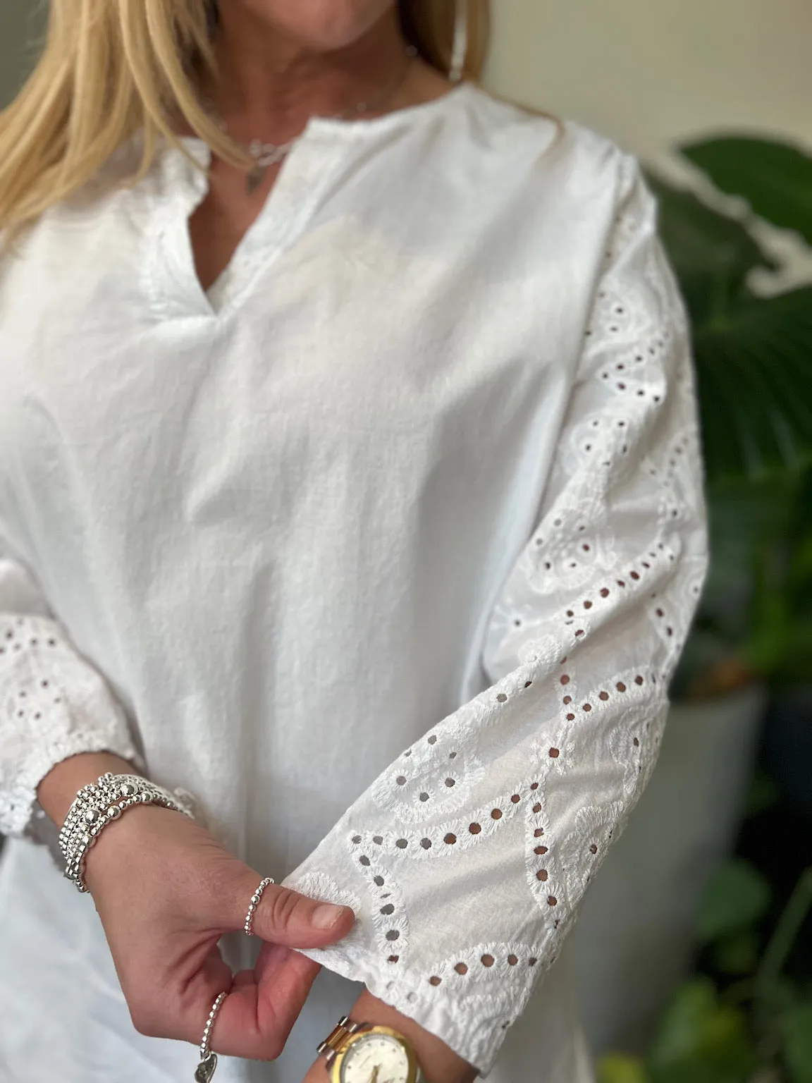 White Broderie Sleeve Detail Blouse Freida