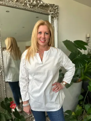 White Broderie Sleeve Detail Blouse Freida