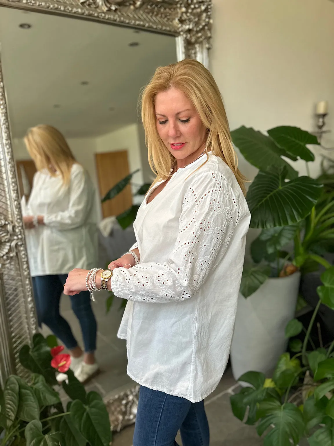 White Broderie Sleeve Detail Blouse Freida