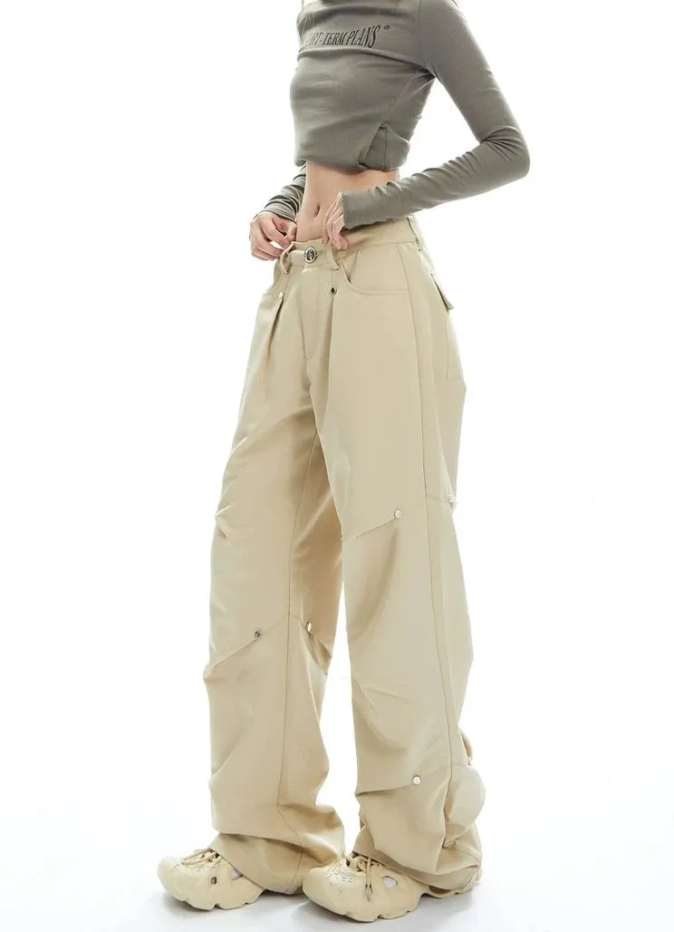 Wide-Leg Button-Detail Cargo Trousers