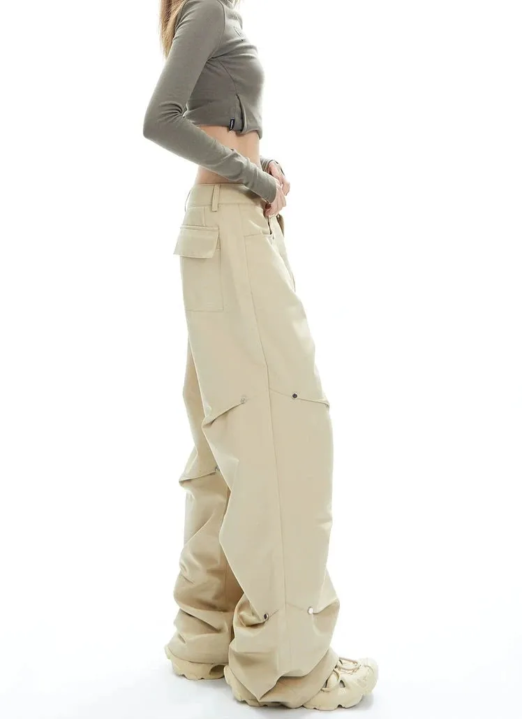 Wide-Leg Button-Detail Cargo Trousers