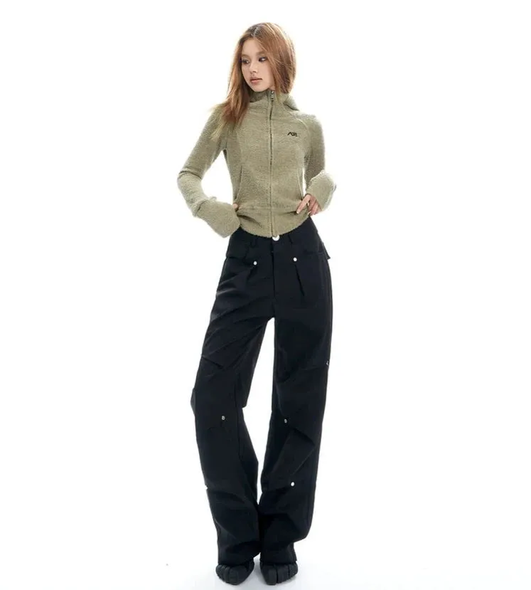 Wide-Leg Button-Detail Cargo Trousers