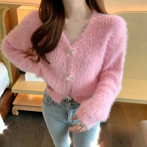 Woherb Chic Knitting Jumper Women Autumn Winter Mohair Sweet Casual