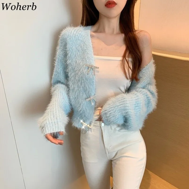 Woherb Chic Knitting Jumper Women Autumn Winter Mohair Sweet Casual