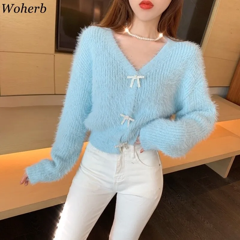 Woherb Chic Knitting Jumper Women Autumn Winter Mohair Sweet Casual