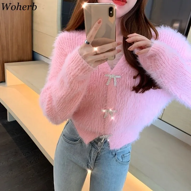 Woherb Chic Knitting Jumper Women Autumn Winter Mohair Sweet Casual