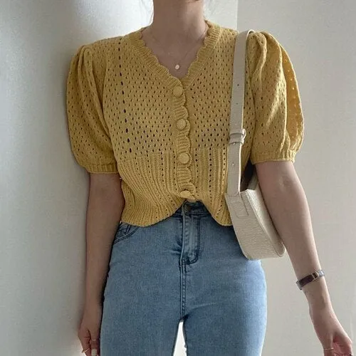 Women Sweater 2021 Summer Korean Chic Girl Gentle V Neck Single
