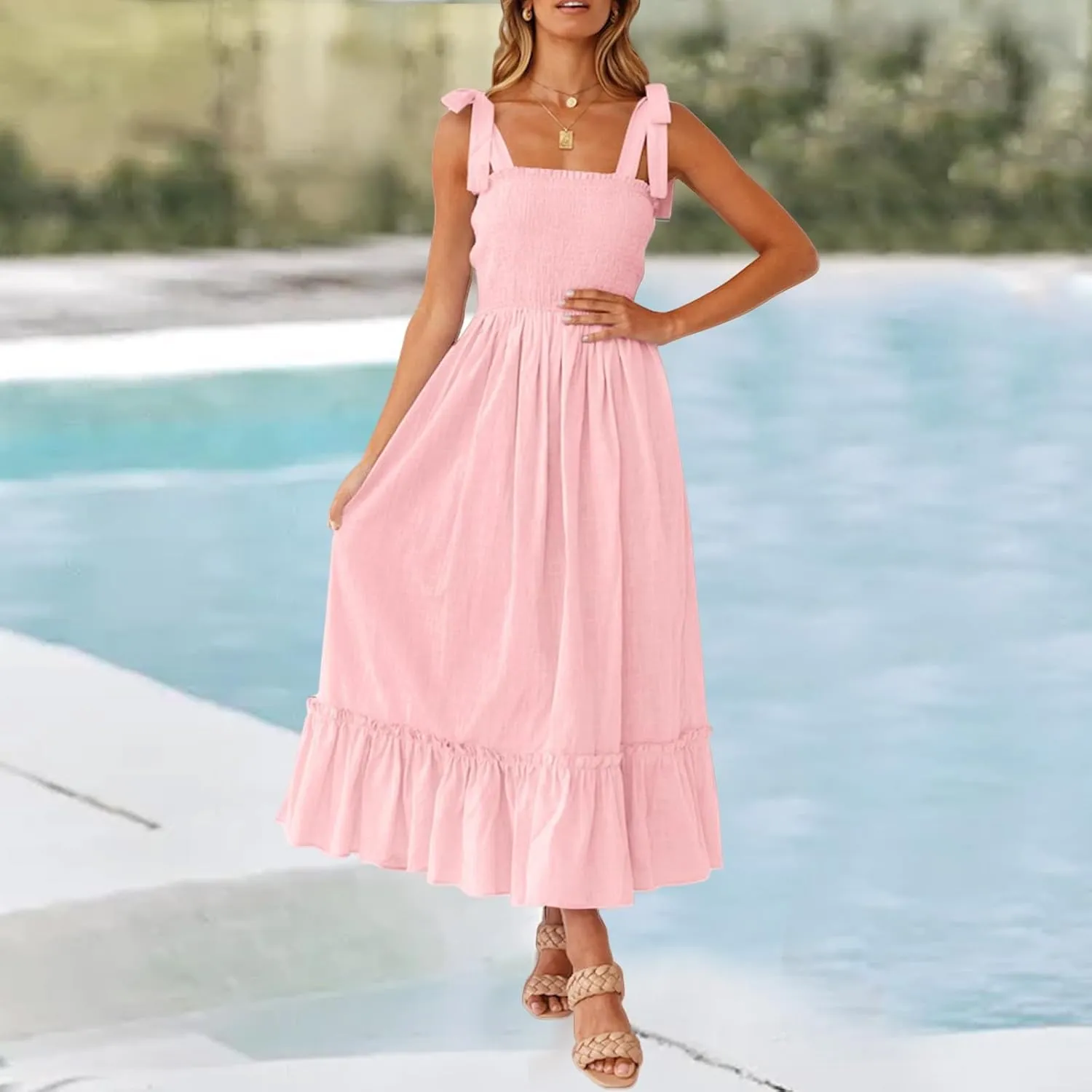 Women's Square Collar Dress 2025 Spring Summer Boho Spaghetti Strap Ruffle Hemline A Line Beach Mini Dresses