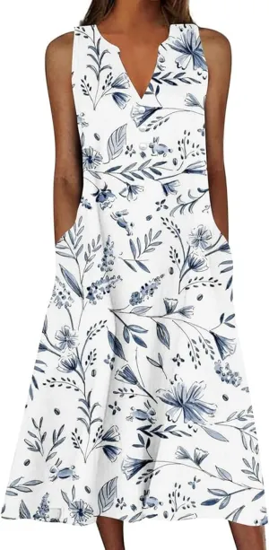 Womens Summer Dresses V Neck Sleeveless Sundresses Loose Beach Vacation Casual Boho Tank Dress with Pockets