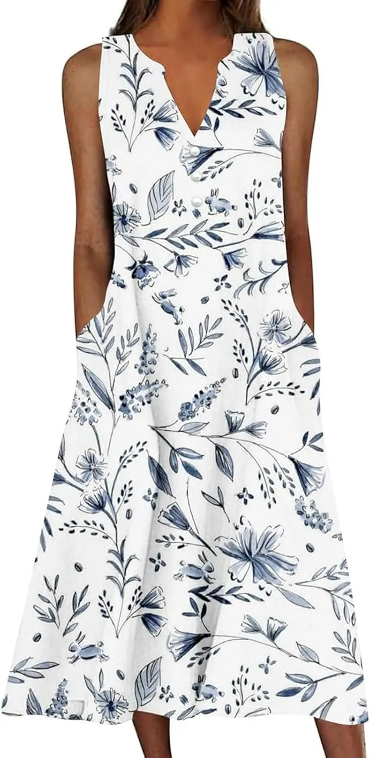 Womens Summer Dresses V Neck Sleeveless Sundresses Loose Beach Vacation Casual Boho Tank Dress with Pockets