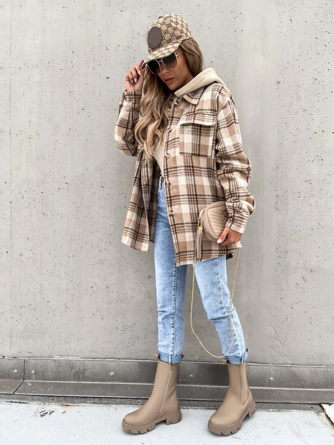 Women's Winter Plaid Woolen Jacket with Detachable Hood and Pockets