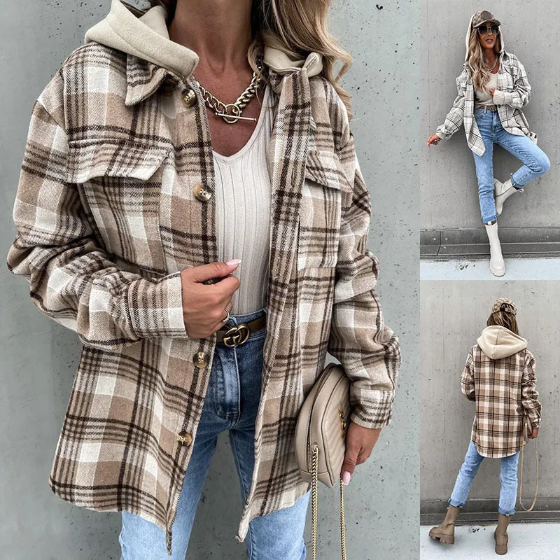 Women's Winter Plaid Woolen Jacket with Detachable Hood and Pockets