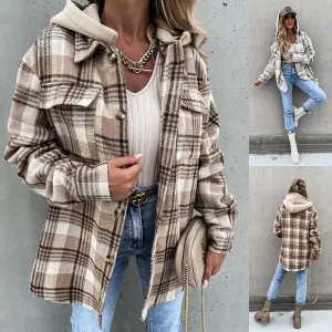 Women's Winter Plaid Woolen Jacket with Detachable Hood and Pockets