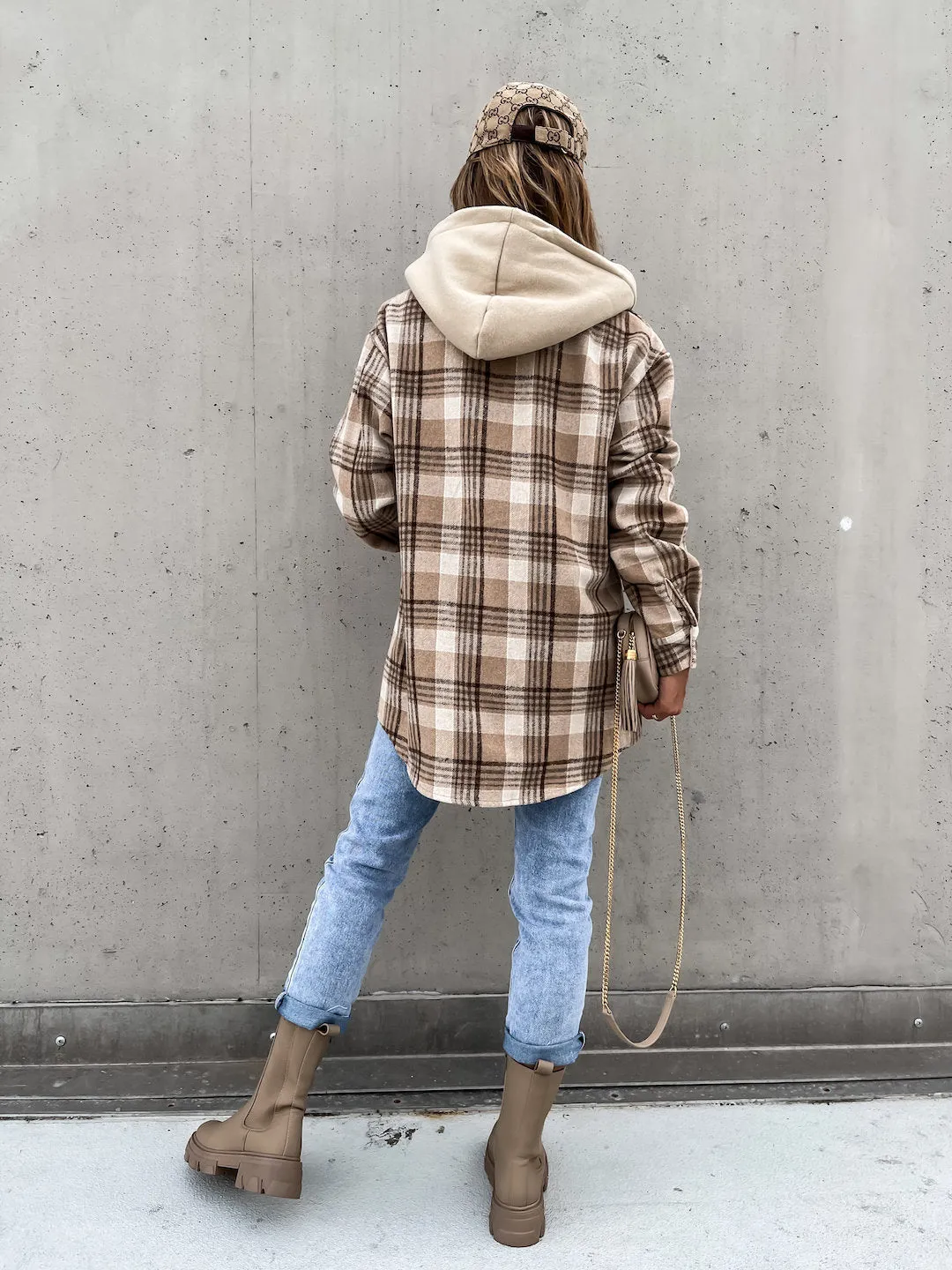 Women's Winter Plaid Woolen Jacket with Detachable Hood and Pockets