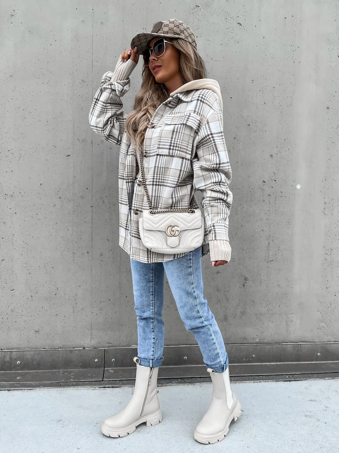Women's Winter Plaid Woolen Jacket with Detachable Hood and Pockets