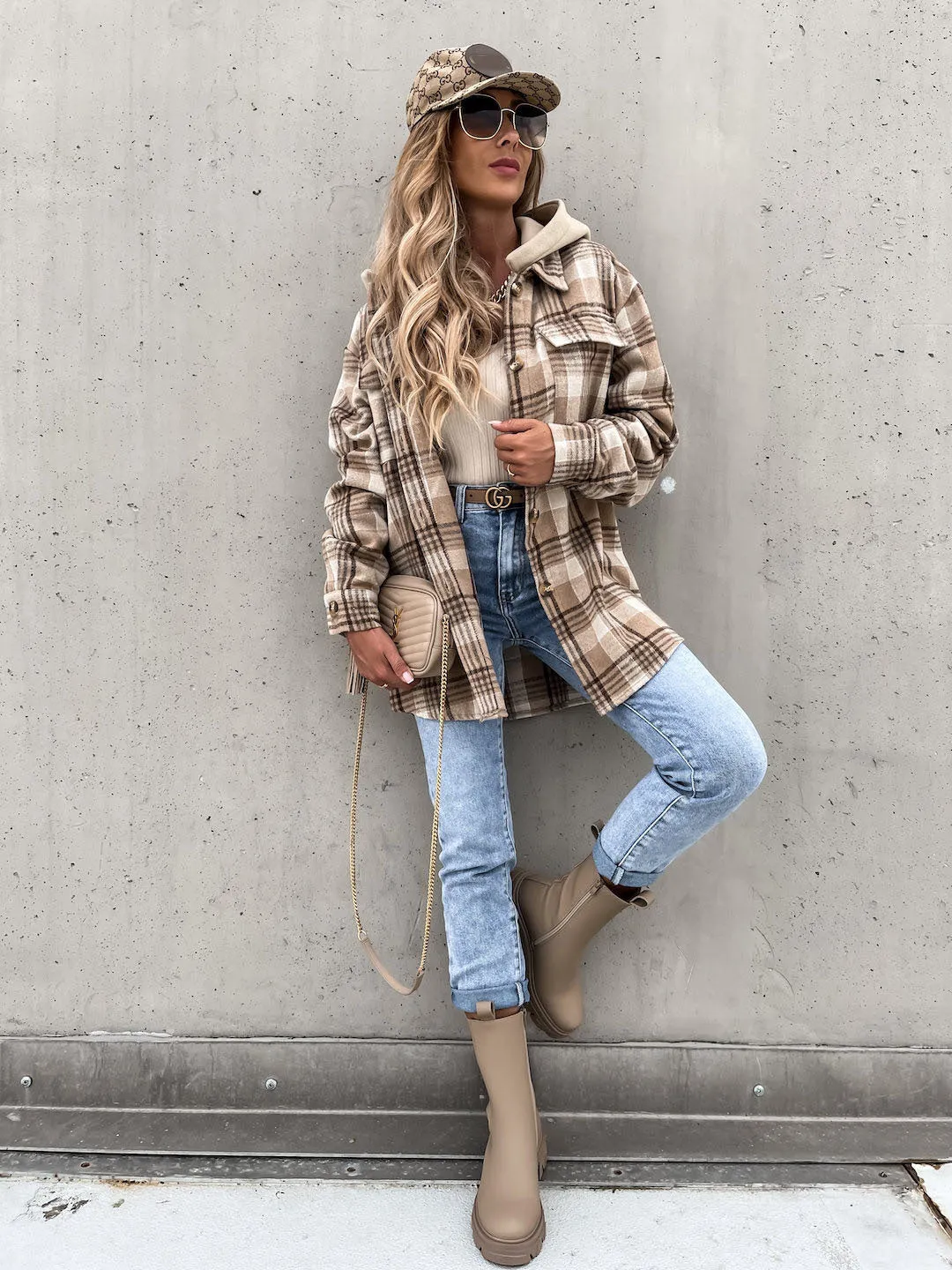 Women's Winter Plaid Woolen Jacket with Detachable Hood and Pockets